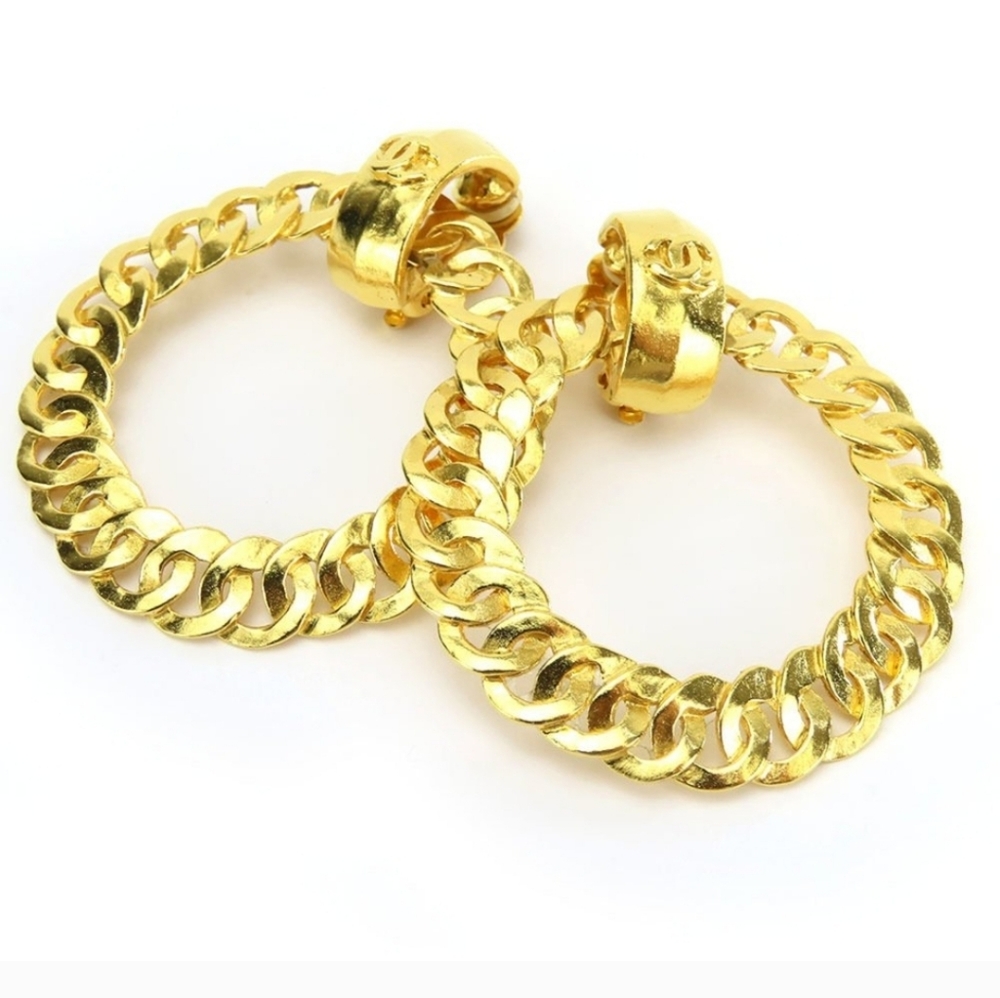 CHANEL Vintage Coco Mark Gold Plated Hoops Door Knocker Clip On Earrings